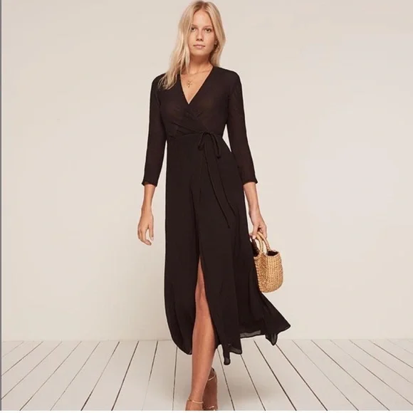 NEW • Reformation • Tessa Long Sleeve MIDI Wrap Dress Black XS Womens - Picture 2 of 5